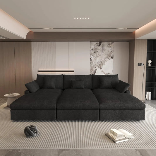 Deluxe Slope Cloud Sectional Sofas | Linen Black Pit Sectionals 120" Adjustable Backrest Pillows 3-seaters