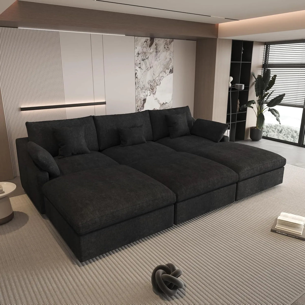 Sofá modular Deluxe Cloud de 3 plazas, color negro, lavable | 6 piezas (incluye 3 otomanas), tejido de chenilla y lino, diseño modular