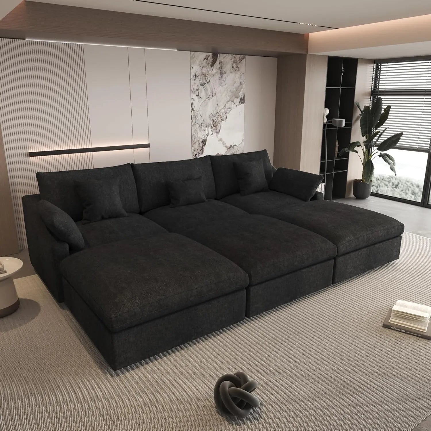 Sofá modular Deluxe Cloud de 3 plazas, color negro, lavable | 6 piezas (incluye 3 otomanas), tejido de chenilla y lino, diseño modular
