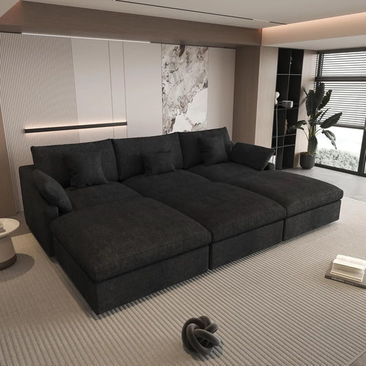 Deluxe Slope Cloud Sectional Sofas | Linen Black Pit Sectionals 120" Adjustable Backrest Pillows 3-seaters