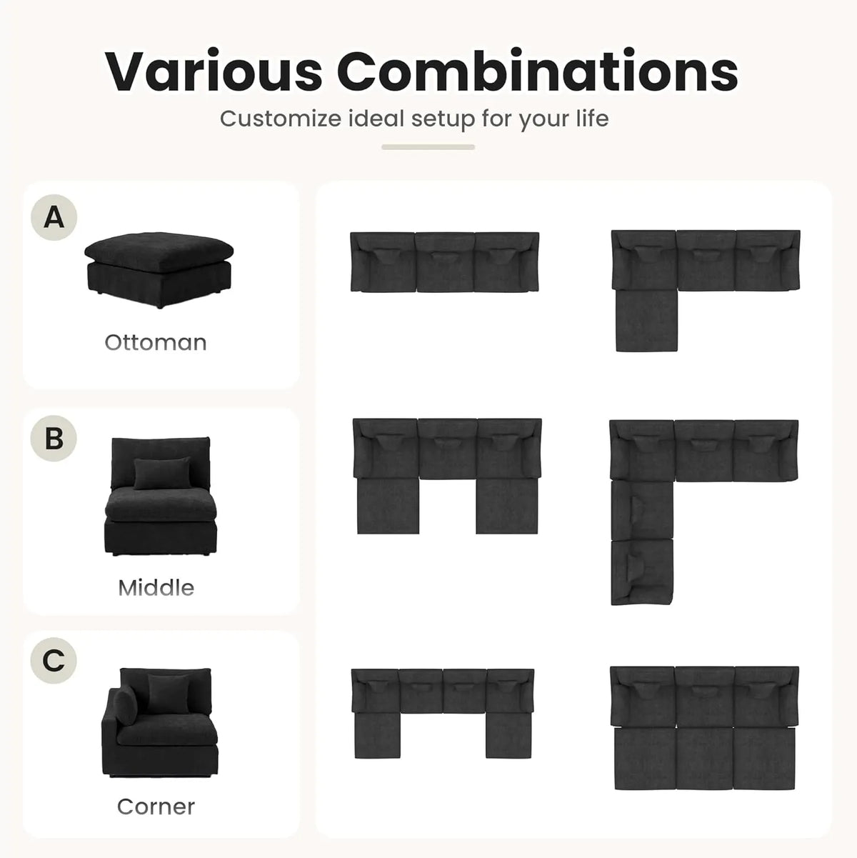 Sofá modular Deluxe Cloud de 3 plazas, color negro, lavable | 6 piezas (incluye 3 otomanas), tejido de chenilla y lino, diseño modular