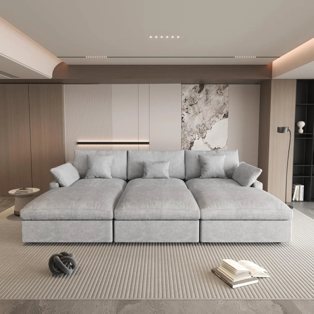 Deluxe Slope Cloud Sectional Sofas | Linen Light Grey Pit Sectionals 120" Adjustable Backrest Pillows 3-seaters