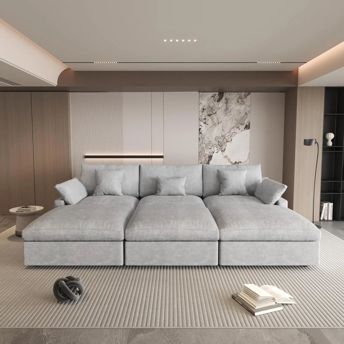 Deluxe Cloud 3-Seater Light-Grey Washable Pit Sectional | 6-Piece (includes 3 Ottomans), Chenille and Linen Fabric, Modular Design