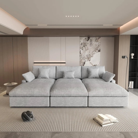 Deluxe Slope Cloud Sectional Sofas | Linen Light Grey Pit Sectionals 120" Adjustable Backrest Pillows 3-seaters