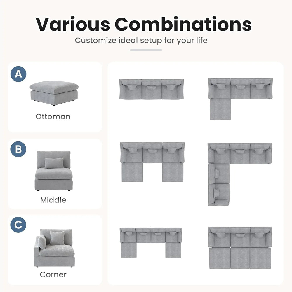 Deluxe Slope Cloud Sectional Sofas | Linen Light Grey Pit Sectionals 120" Adjustable Backrest Pillows 3-seaters