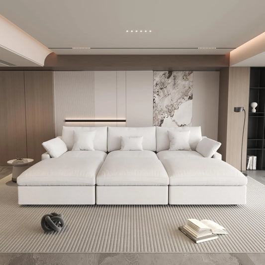 Deluxe Slope Cloud Sectional Sofas | Linen White Pit Sectionals 120" Adjustable Backrest Pillows 3-seaters
