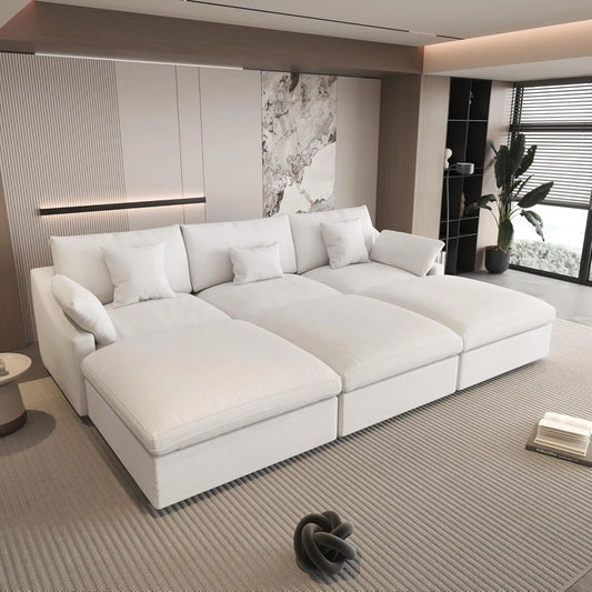 Deluxe Slope Cloud Sectional Sofas | Linen White Pit Sectionals 120" Adjustable Backrest Pillows 3-seaters