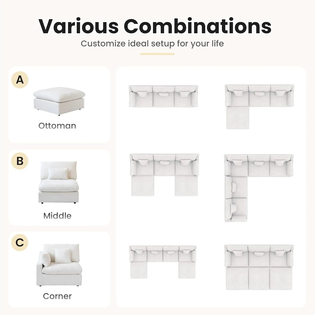 Deluxe Cloud 3-Seater White Washable Pit Sectional | 6-Piece (includes 3 Ottomans), Chenille and Linen Fabric, Modular Design