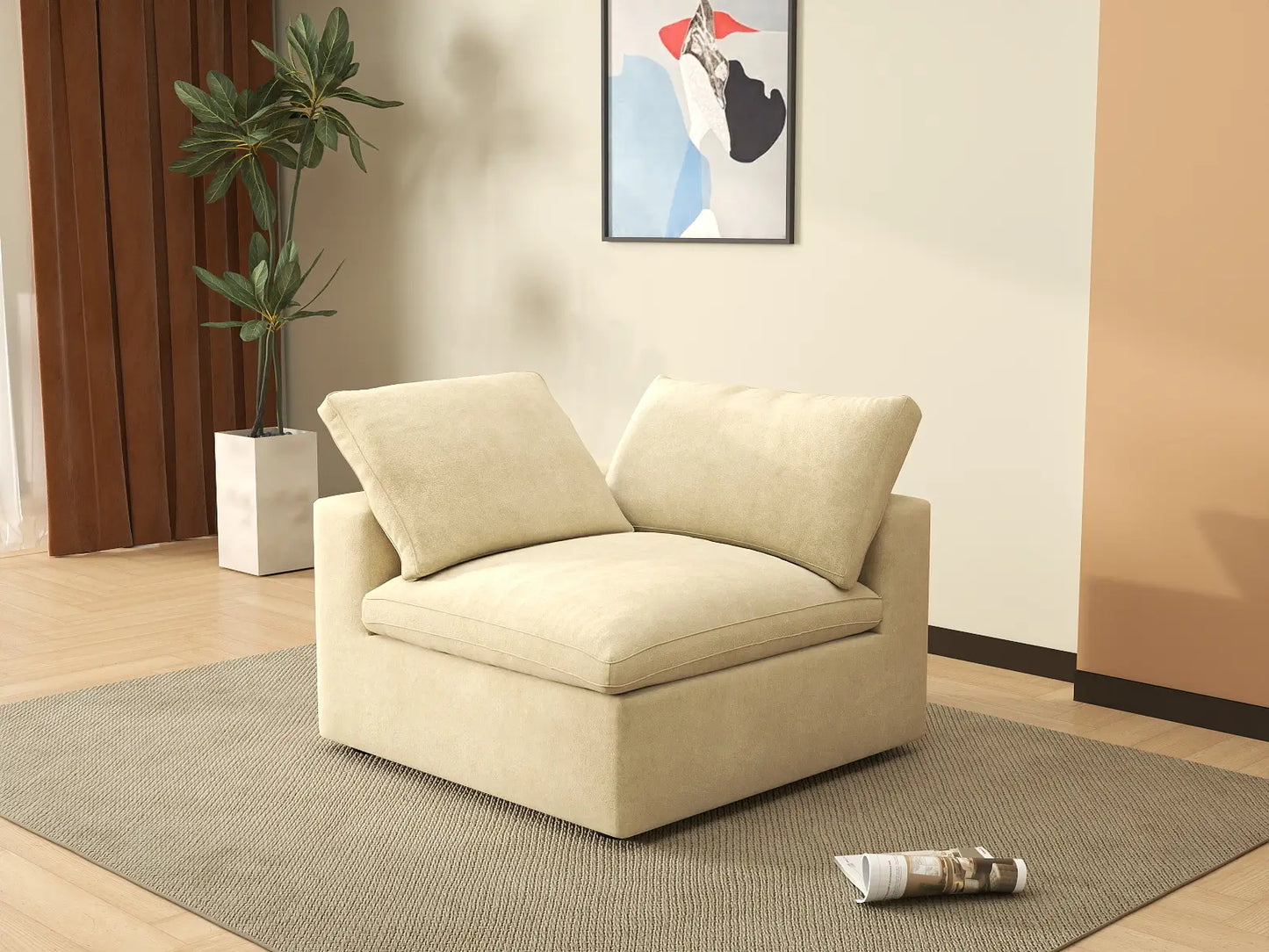 Deluxe Cloud 1-Seater Beige Single Sofa | 1-Piece, Velvet Fabric, Living Room Accent, Washable Cushion Covers