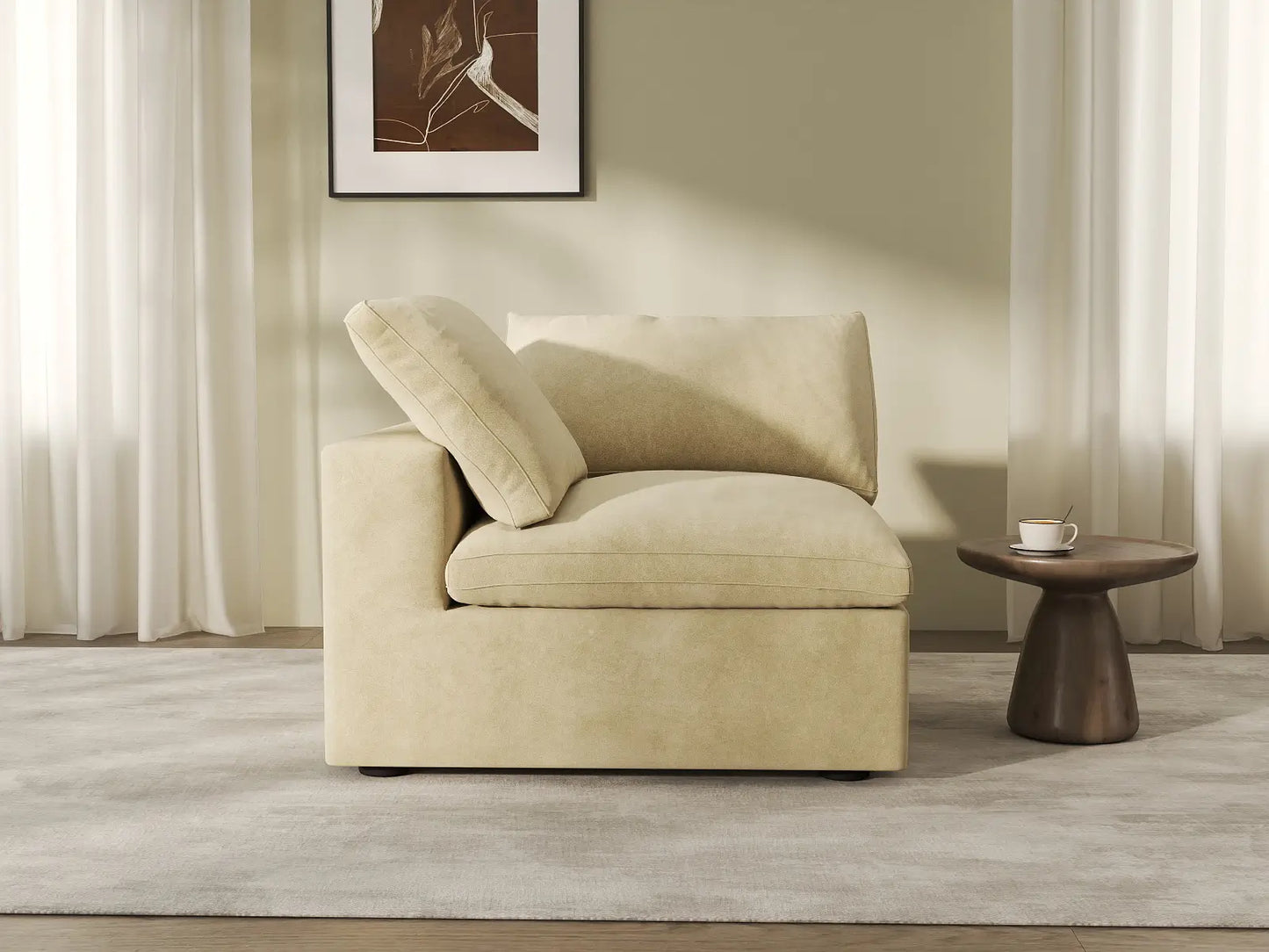 Deluxe Cloud 1-Seater Beige Single Sofa | 1-Piece, Velvet Fabric, Living Room Accent, Washable Cushion Covers