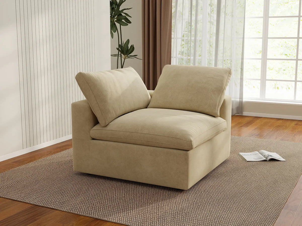 Deluxe Cloud 1-Seater Beige Single Sofa | 1-Piece, Velvet Fabric, Living Room Accent, Washable Cushion Covers
