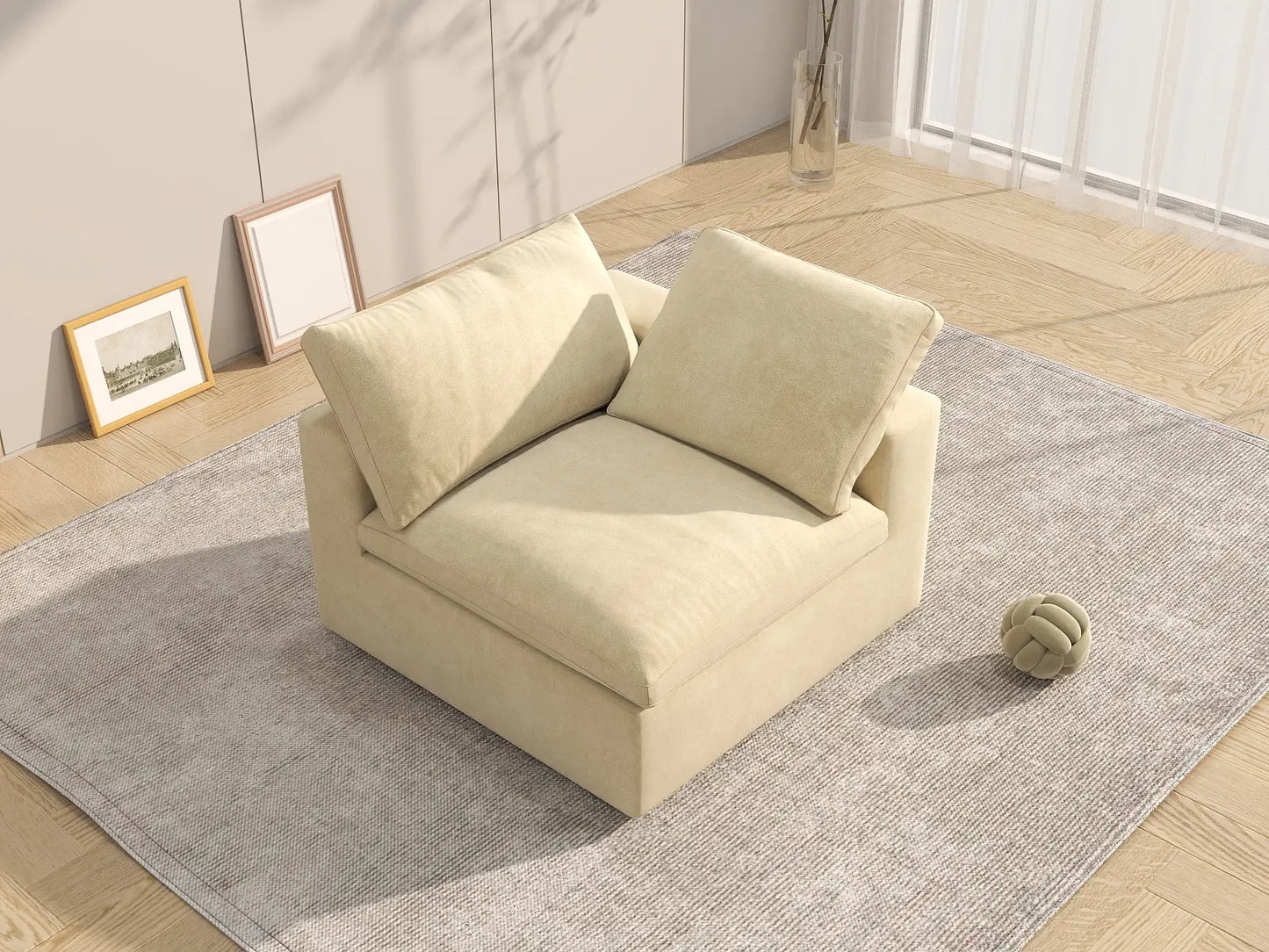 Deluxe Cloud 1-Seater Beige Single Sofa | 1-Piece, Velvet Fabric, Living Room Accent, Washable Cushion Covers