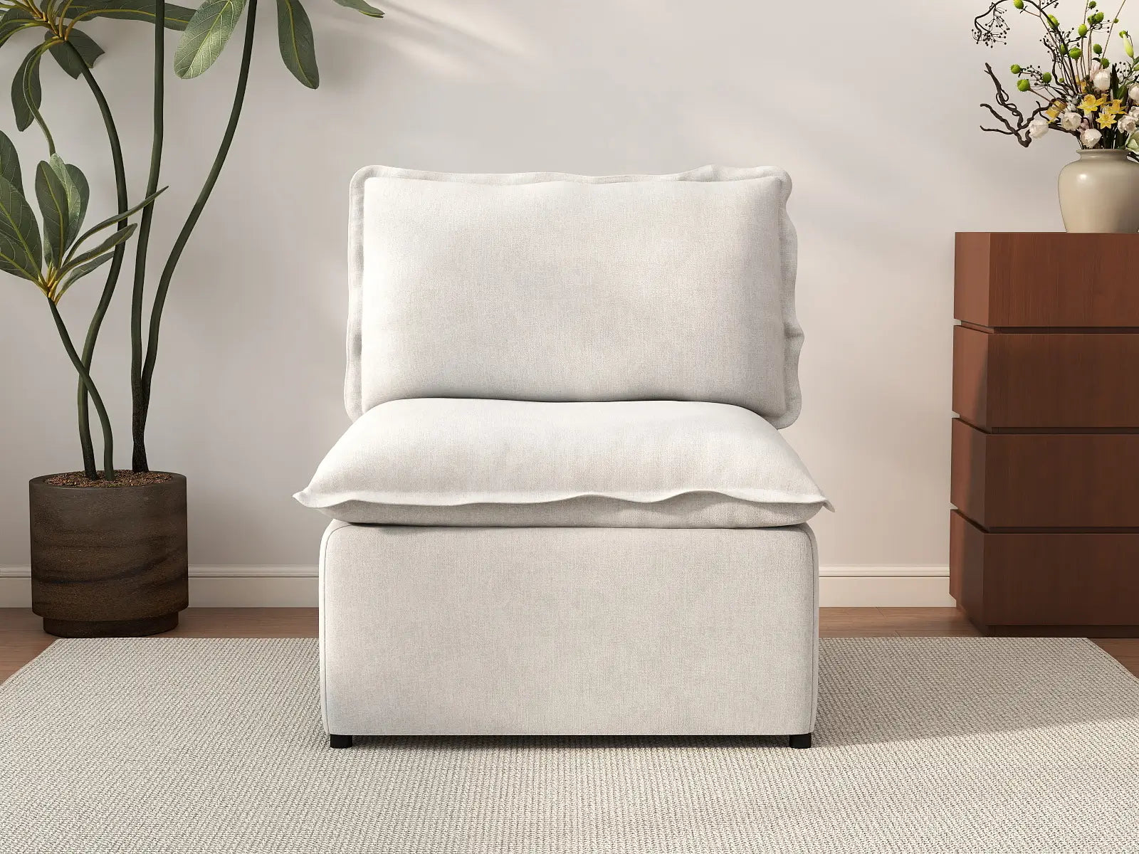 Deluxe Cloud 1-Seater Beige Small Space Single Sofa | 1-Piece, Linen Look Poly Fabric, Living Room Accent, Easy To Clean
