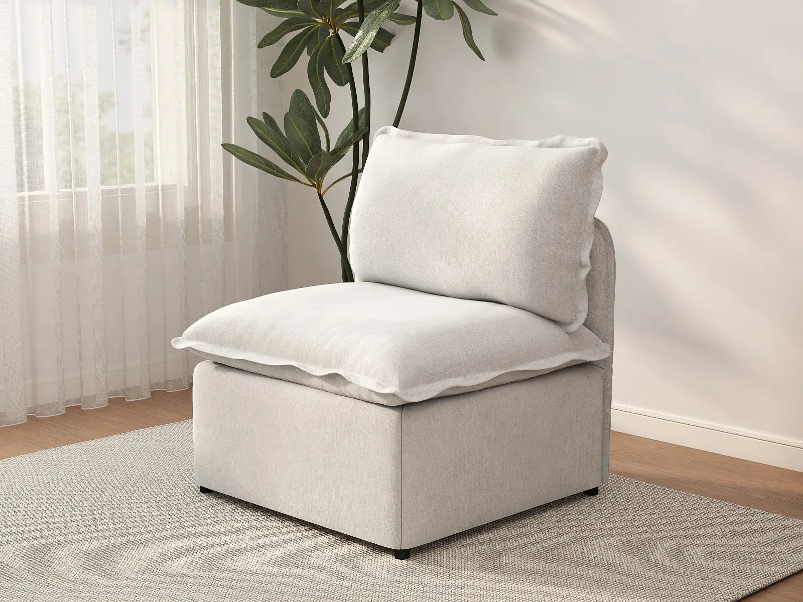 Deluxe Cloud 1-Seater Beige Small Space Single Sofa | 1-Piece, Linen Look Poly Fabric, Living Room Accent, Easy To Clean
