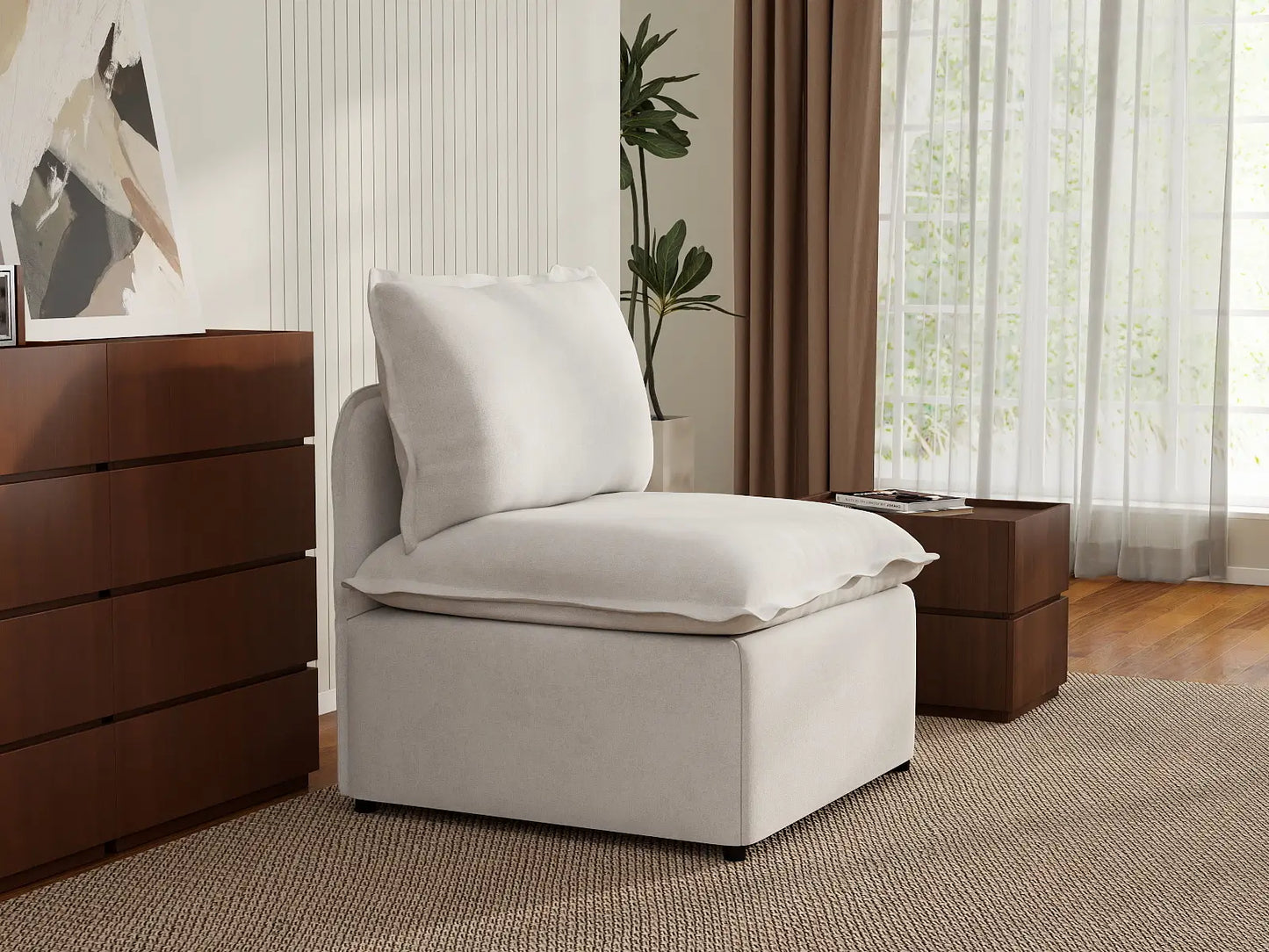 Deluxe Cloud 1-Seater Beige Small Space Single Sofa | 1-Piece, Linen Look Poly Fabric, Living Room Accent, Easy To Clean