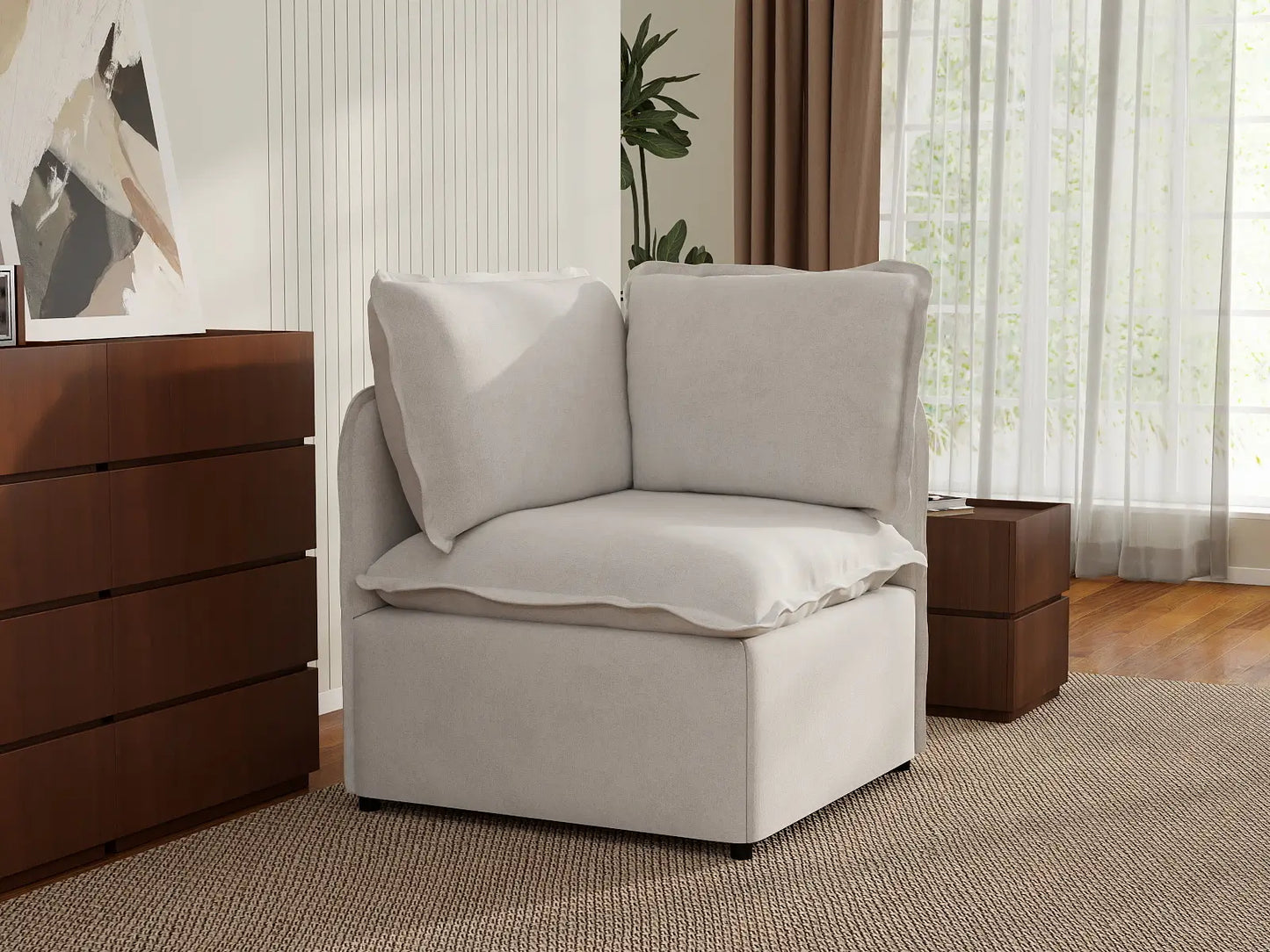 Deluxe Cloud 1-Seater Beige Small Space Single Sofa | 1-Piece, Linen Look Poly Fabric, Living Room Accent, Easy To Clean