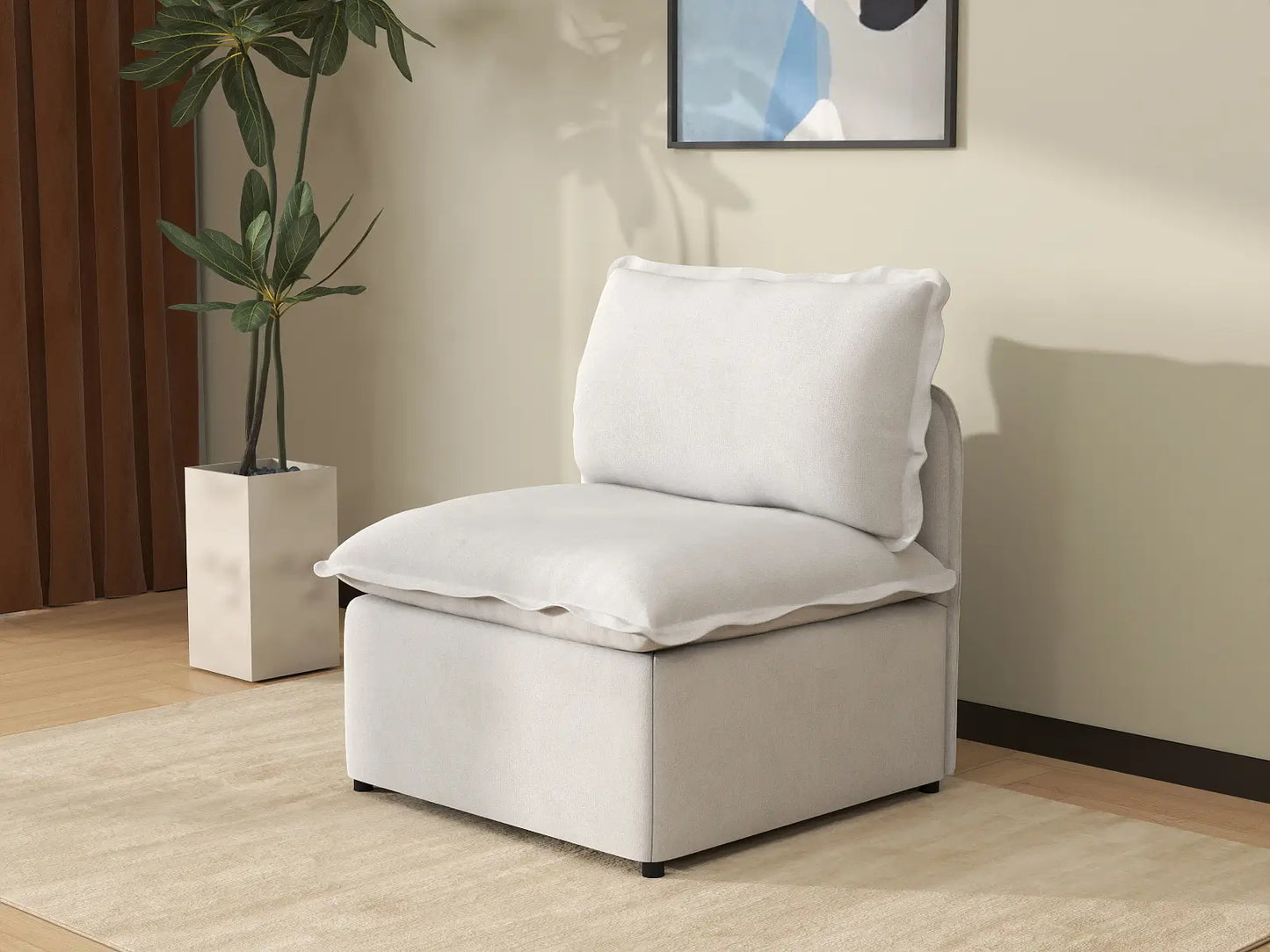 Deluxe Cloud 1-Seater Beige Small Space Single Sofa | 1-Piece, Linen Look Poly Fabric, Living Room Accent, Easy To Clean