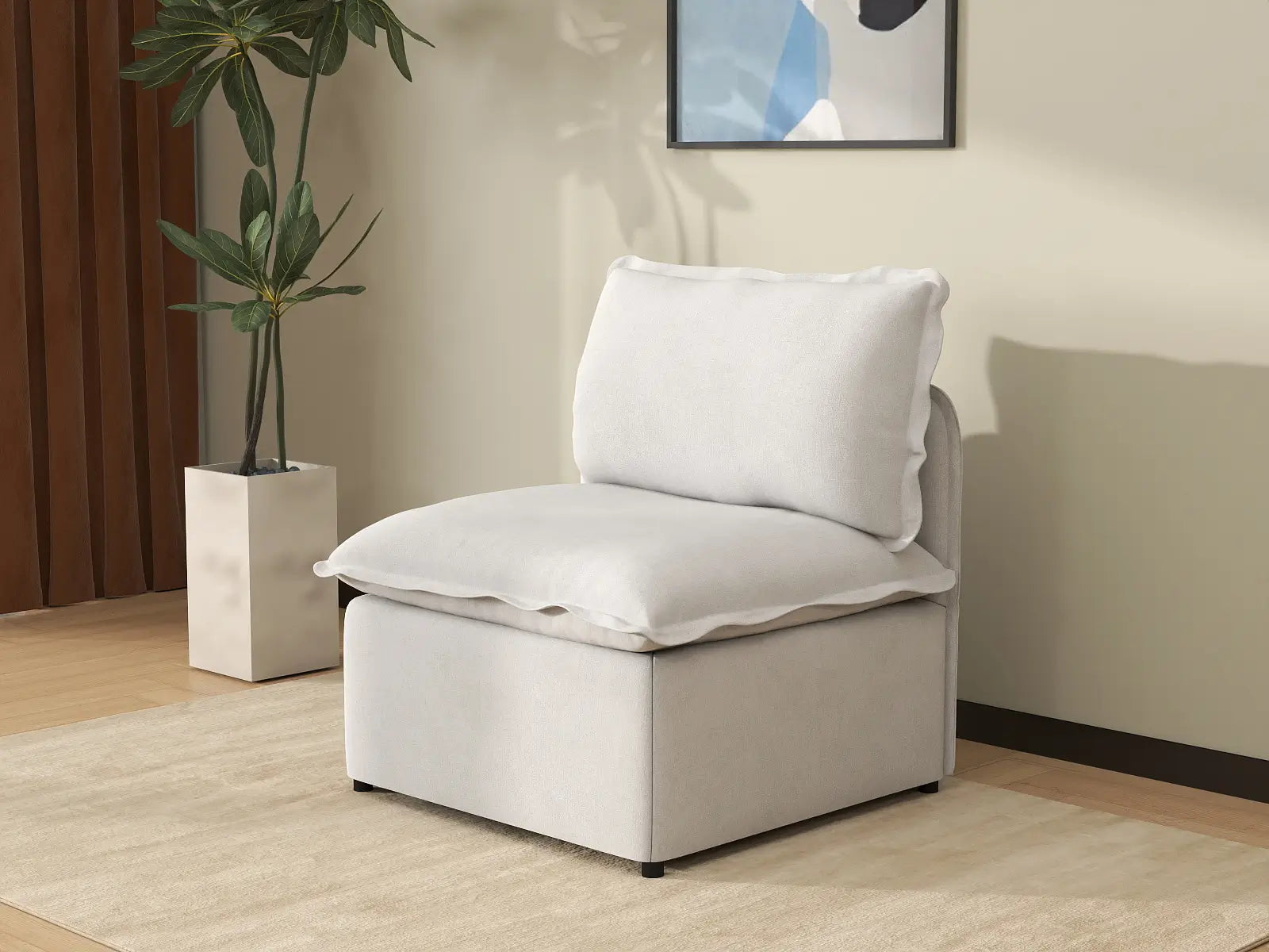 Deluxe Cloud 1-Seater Beige Small Space Single Sofa | 1-Piece, Linen Look Poly Fabric, Living Room Accent, Easy To Clean