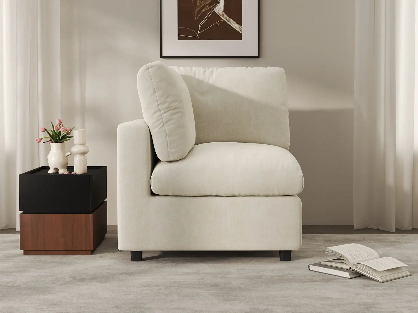 Sofá individual beige de una plaza Deluxe Cloud para espacios pequeños | 1 pieza, tela de chenilla de mezcla de lino, decorativo para sala de estar, fácil de limpiar