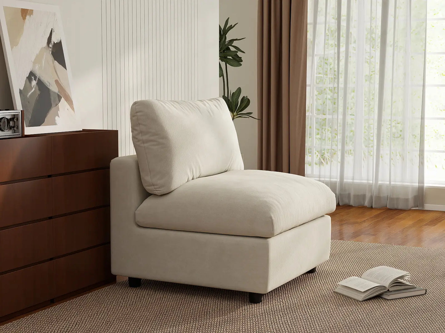 Sofá individual Deluxe Cloud de 1 plaza beige para espacios pequeños | 1 pieza, tela de chenilla mezcla de lino, acento para sala de estar, fácil de limpiar