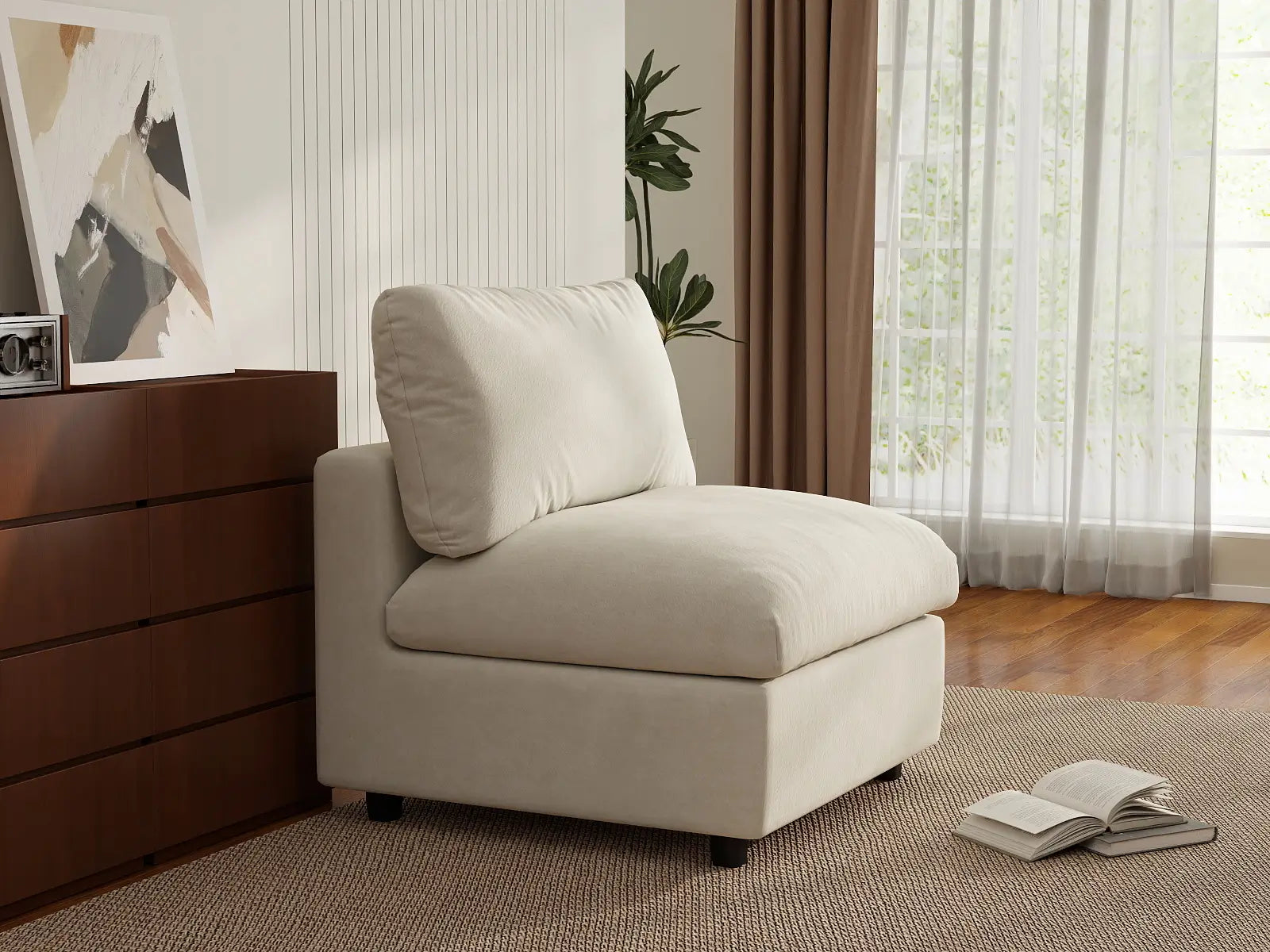 Sofá individual Deluxe Cloud de 1 plaza beige para espacios pequeños | 1 pieza, tela de chenilla mezcla de lino, acento para sala de estar, fácil de limpiar