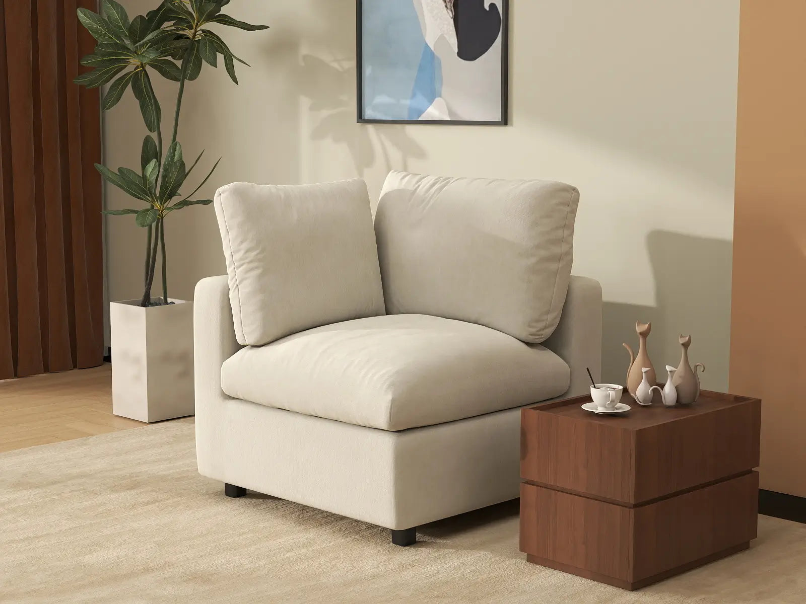 Sofá individual beige de una plaza Deluxe Cloud para espacios pequeños | 1 pieza, tela de chenilla de mezcla de lino, decorativo para sala de estar, fácil de limpiar