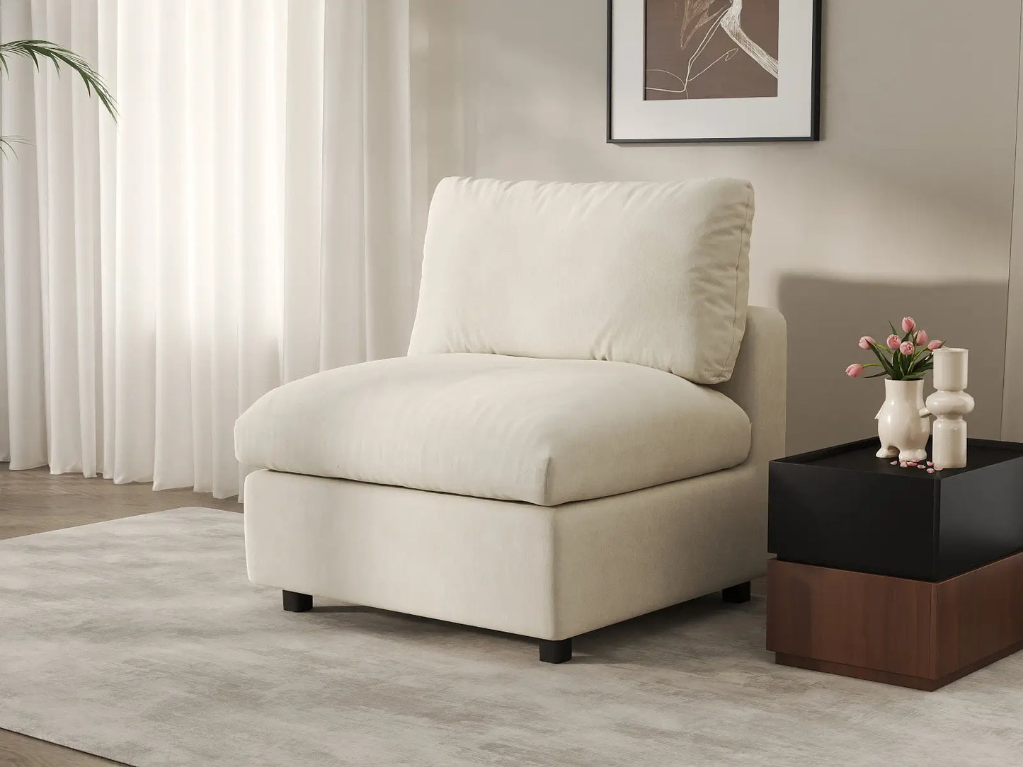 Sofá individual Deluxe Cloud de 1 plaza beige para espacios pequeños | 1 pieza, tela de chenilla mezcla de lino, acento para sala de estar, fácil de limpiar