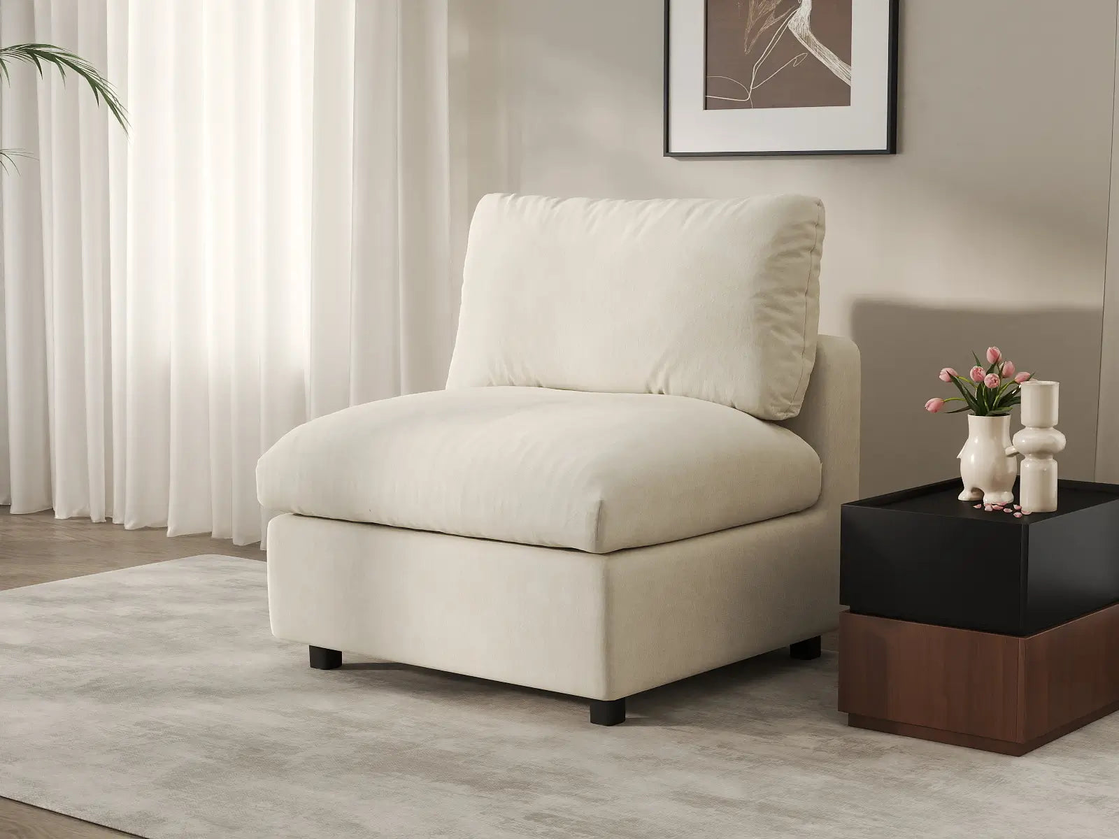 Sofá individual Deluxe Cloud de 1 plaza beige para espacios pequeños | 1 pieza, tela de chenilla mezcla de lino, acento para sala de estar, fácil de limpiar