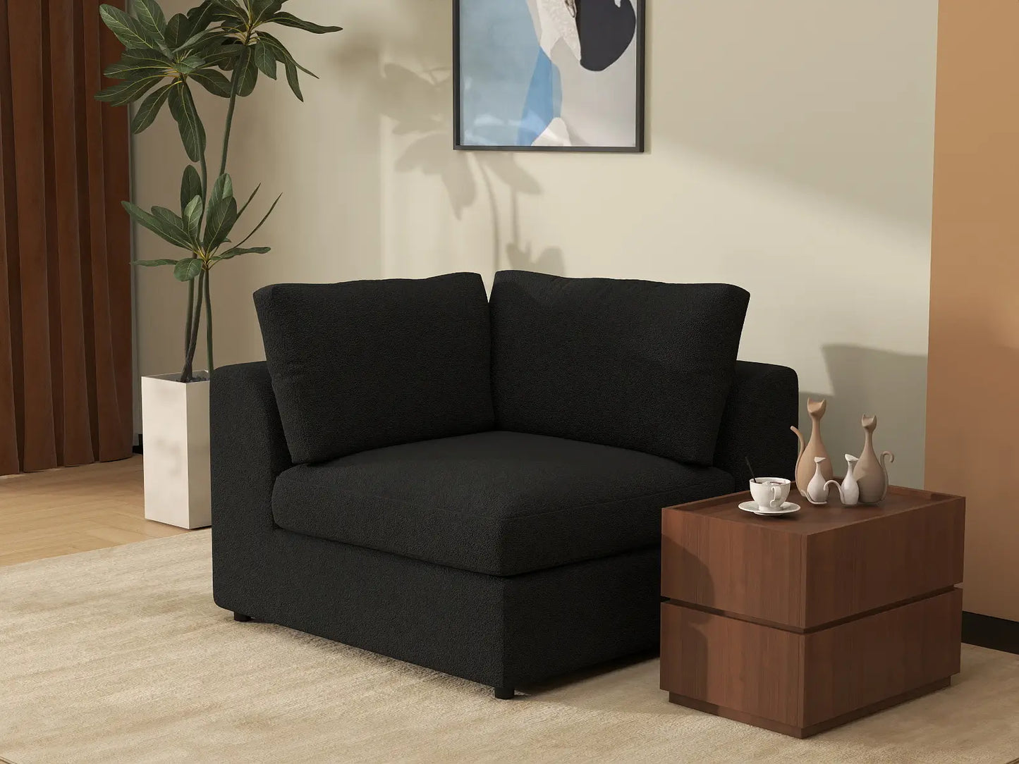 Deluxe Cloud 1-Seater Black Single Sofa | 1-Piece, Bouclé Sherpa-Like Fabric, Living Room Accent, Washable Cushion Covers