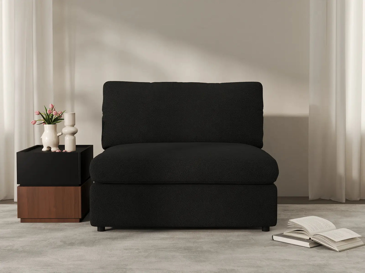 Deluxe Cloud 1-Seater Black Single Sofa | 1-Piece, Bouclé Sherpa-Like Fabric, Living Room Accent, Washable Cushion Covers