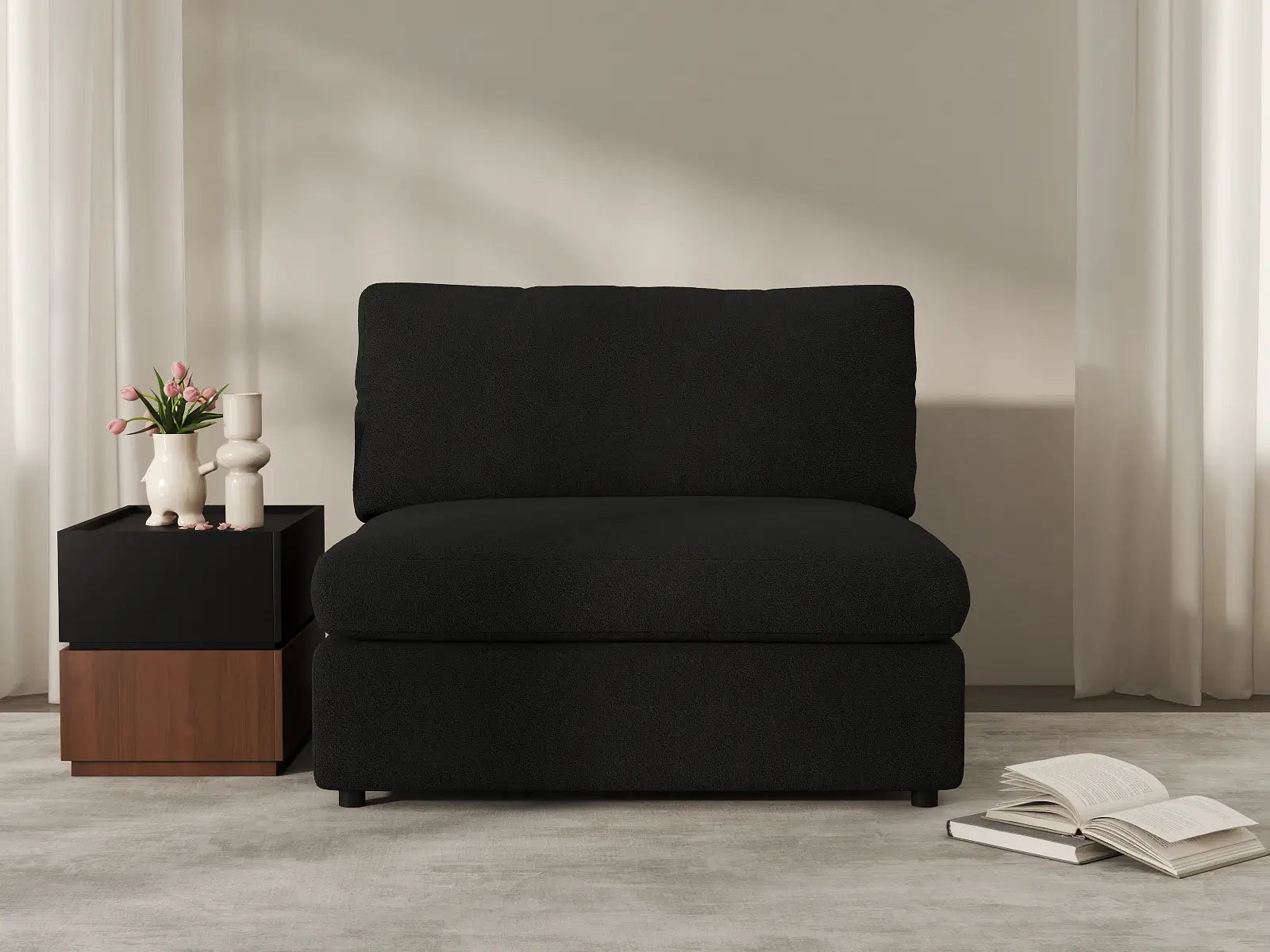 Deluxe Cloud 1-Seater Black Single Sofa | 1-Piece, Bouclé Sherpa-Like Fabric, Living Room Accent, Washable Cushion Covers