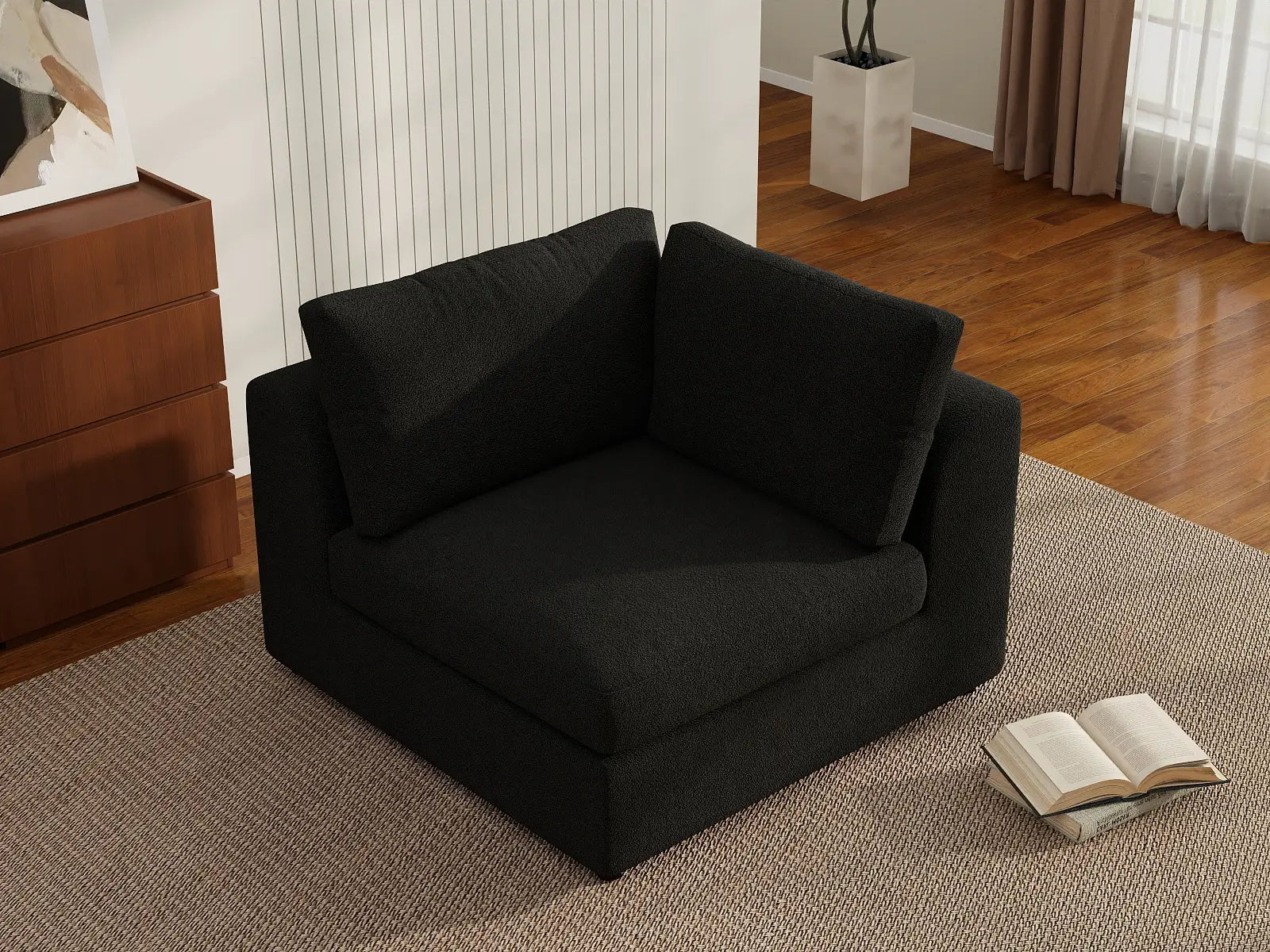 Deluxe Cloud 1-Seater Black Single Sofa | 1-Piece, Bouclé Sherpa-Like Fabric, Living Room Accent, Washable Cushion Covers