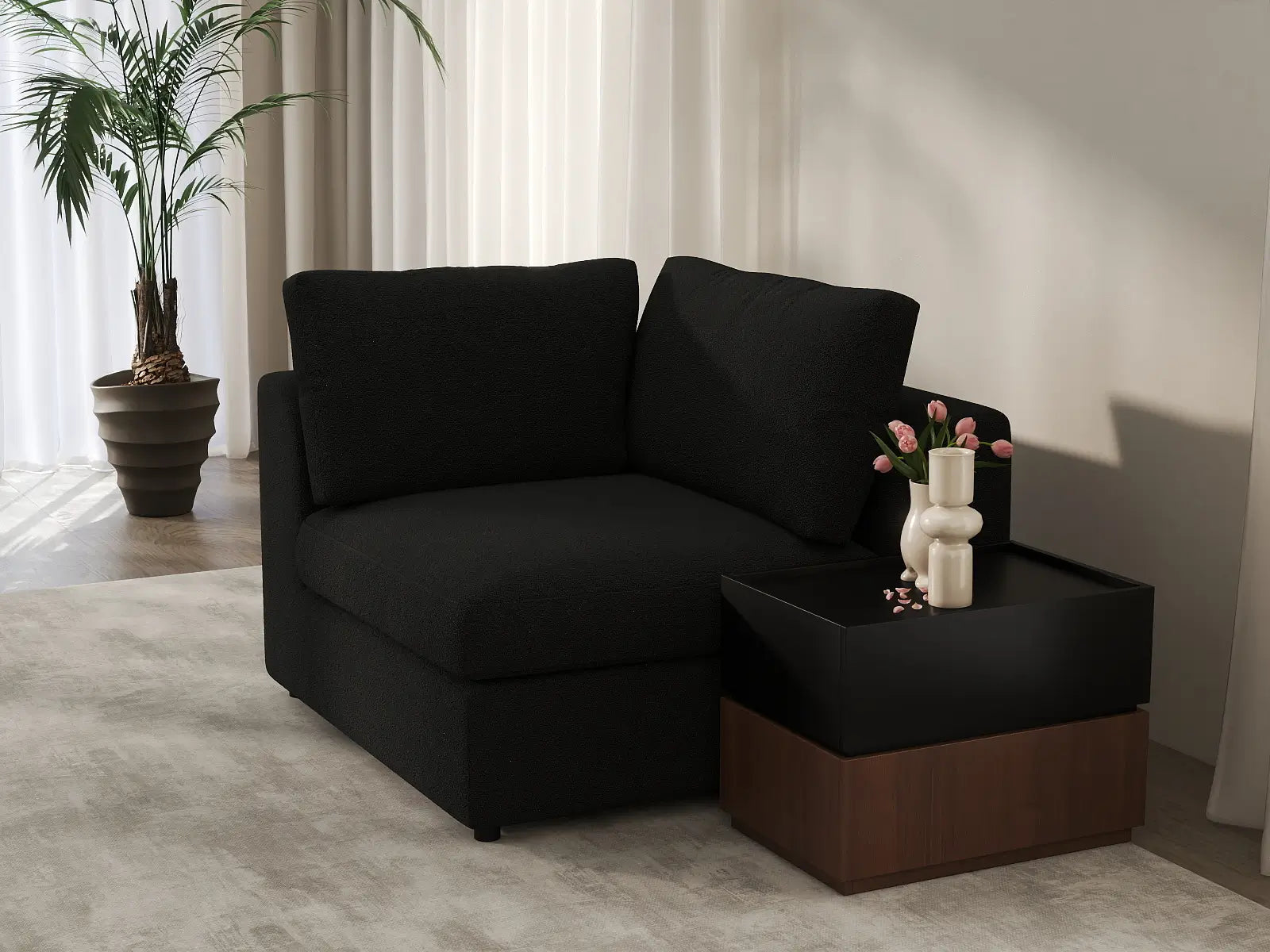 Deluxe Cloud 1-Seater Black Single Sofa | 1-Piece, Bouclé Sherpa-Like Fabric, Living Room Accent, Washable Cushion Covers
