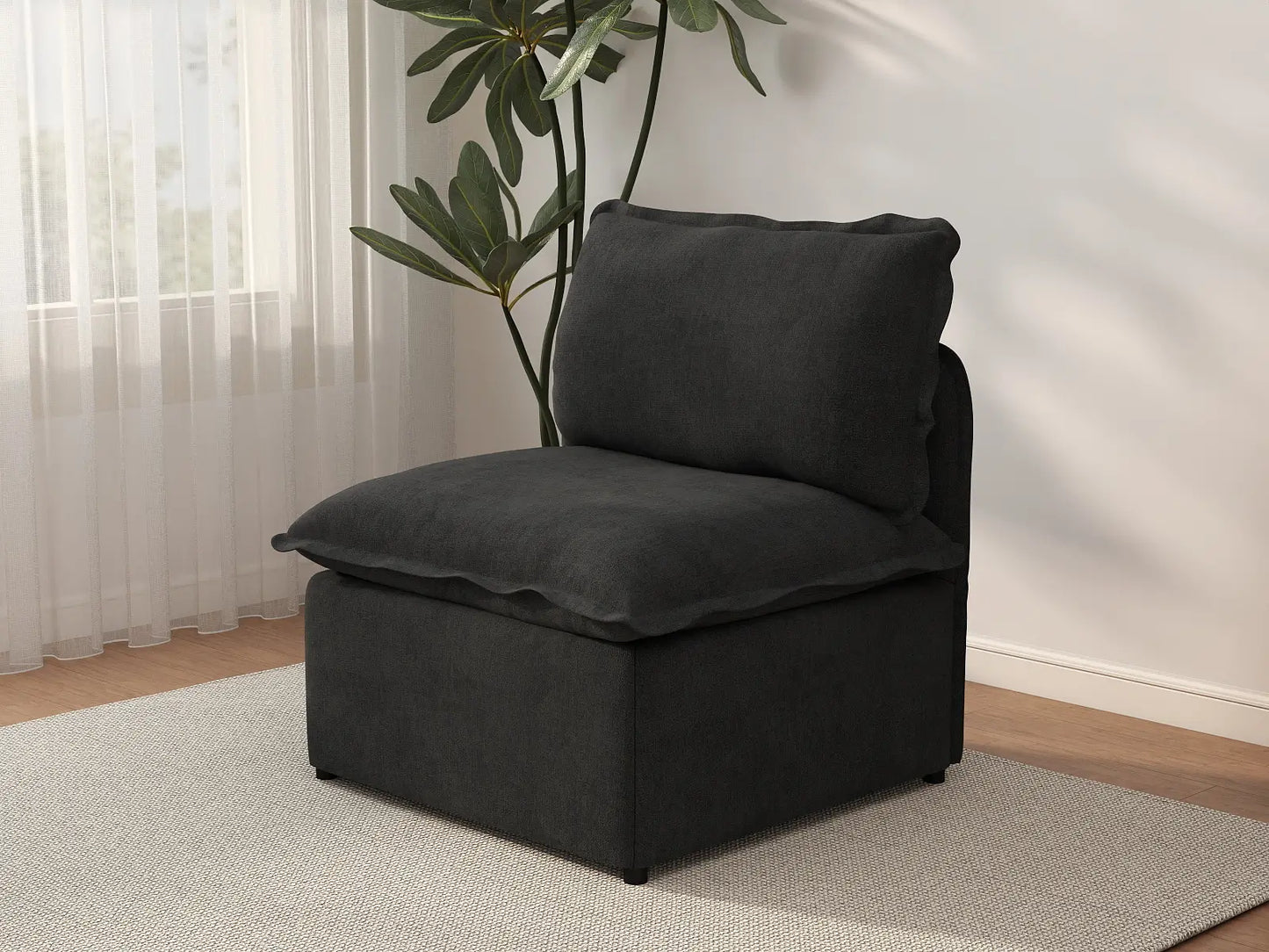 Deluxe Cloud 1-Seater Black Single Sofa | 1-Piece, Linen Look Poly Fabric, Living Room Accent, Washable Cushion Covers