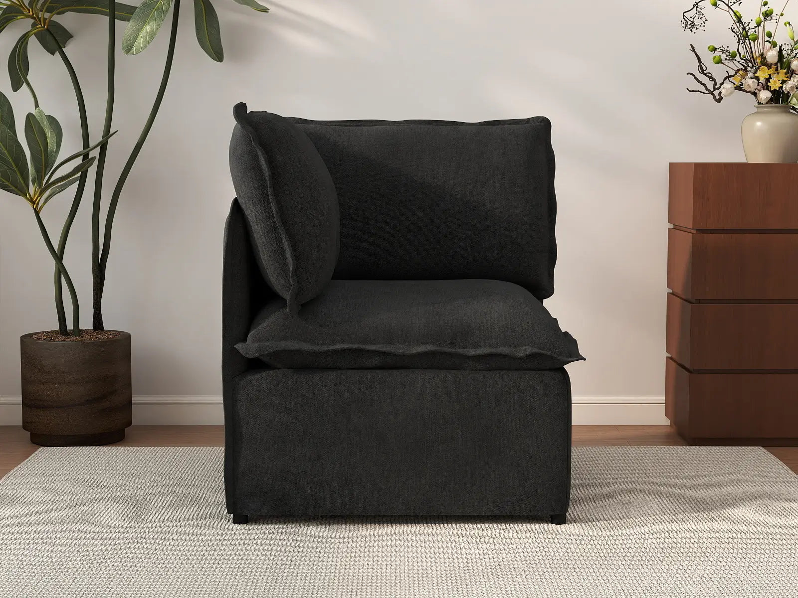 Deluxe Cloud 1-Seater Black Single Sofa | 1-Piece, Linen Look Poly Fabric, Living Room Accent, Washable Cushion Covers