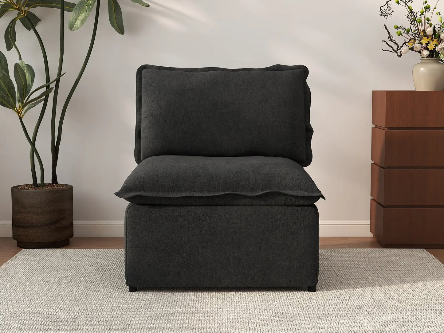Deluxe Cloud 1-Seater Black Single Sofa | 1-Piece, Linen Look Poly Fabric, Living Room Accent, Washable Cushion Covers