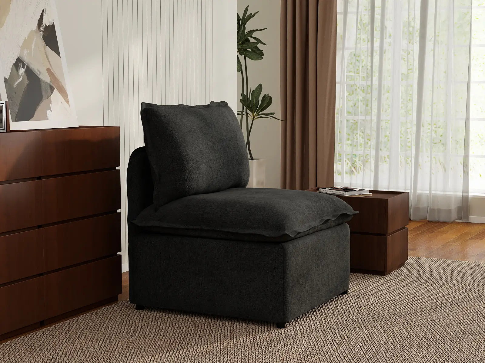 Deluxe Cloud 1-Seater Black Single Sofa | 1-Piece, Linen Look Poly Fabric, Living Room Accent, Washable Cushion Covers