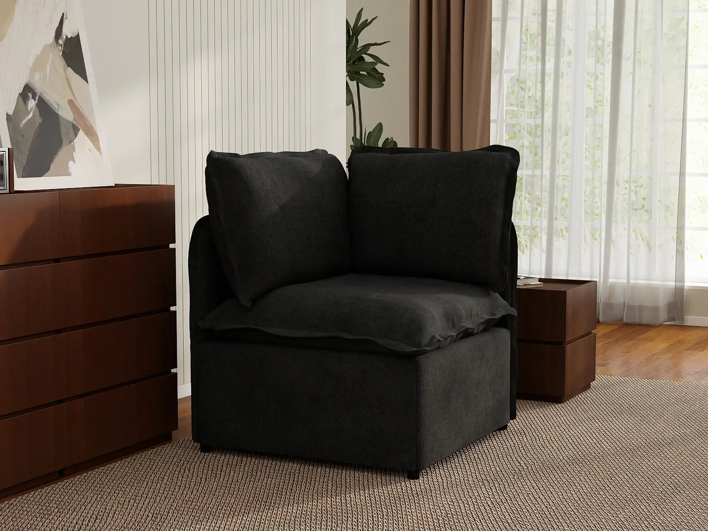 Deluxe Cloud 1-Seater Black Single Sofa | 1-Piece, Linen Look Poly Fabric, Living Room Accent, Washable Cushion Covers