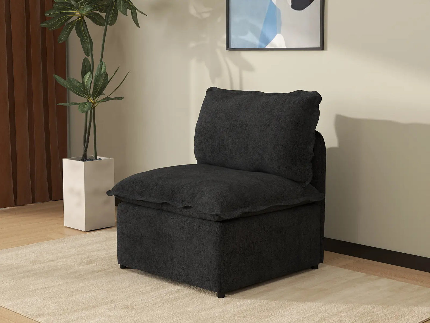 Deluxe Cloud 1-Seater Black Single Sofa | 1-Piece, Linen Look Poly Fabric, Living Room Accent, Washable Cushion Covers
