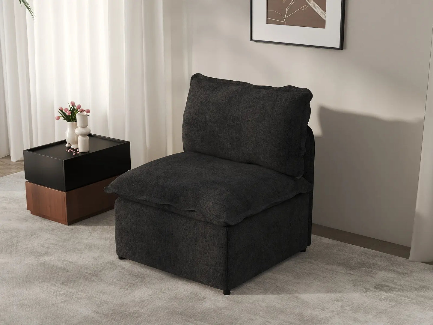 Deluxe Cloud 1-Seater Black Single Sofa | 1-Piece, Linen Look Poly Fabric, Living Room Accent, Washable Cushion Covers