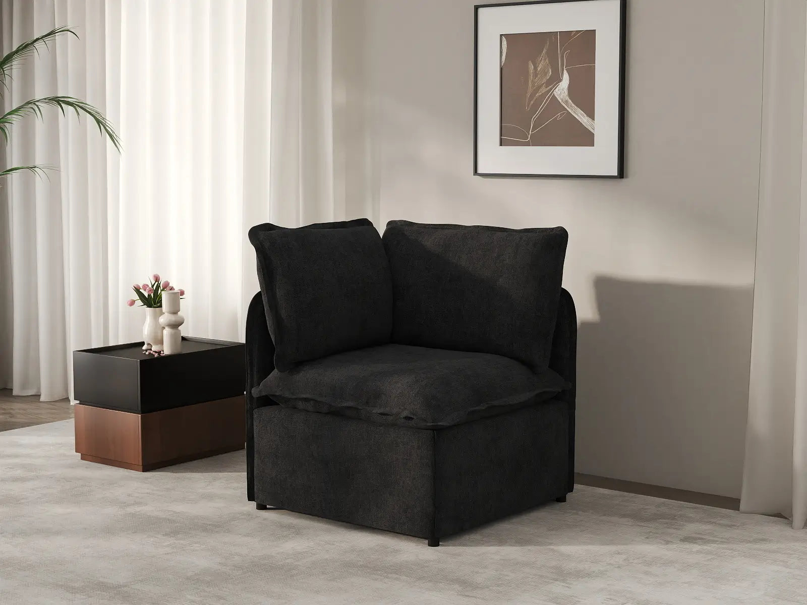 Deluxe Cloud 1-Seater Black Single Sofa | 1-Piece, Linen Look Poly Fabric, Living Room Accent, Washable Cushion Covers