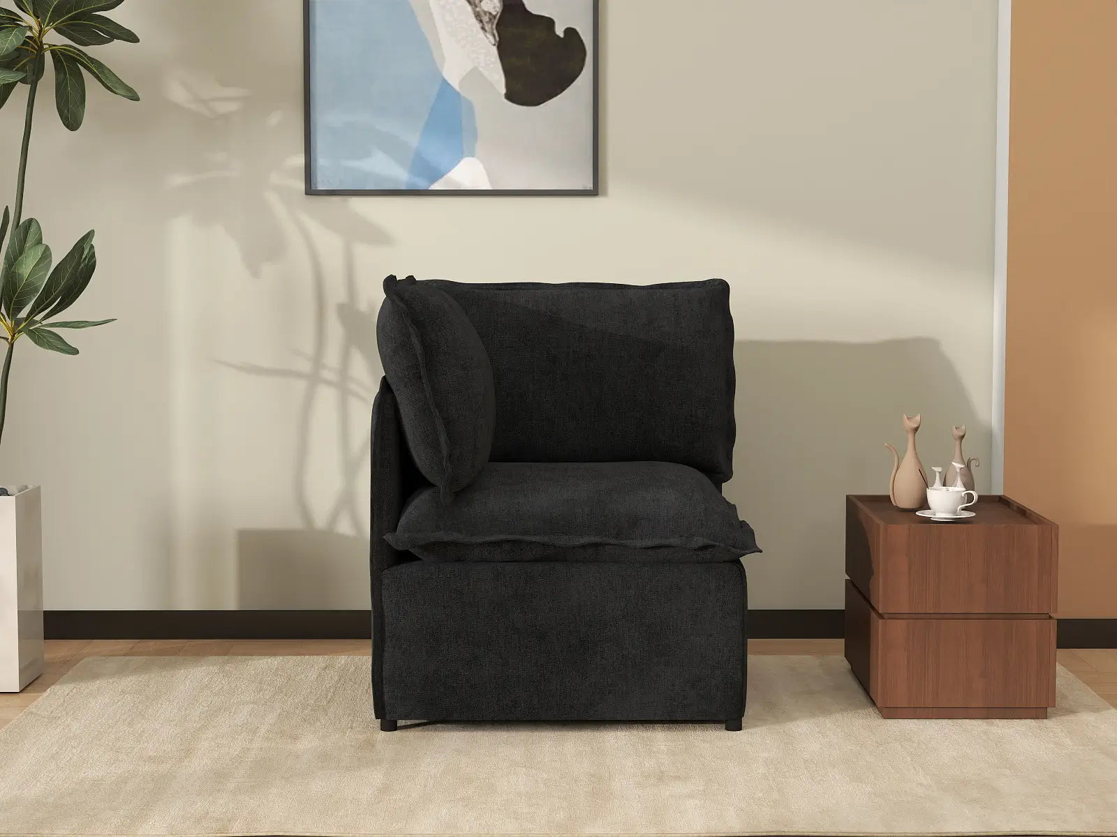 Deluxe Cloud 1-Seater Black Single Sofa | 1-Piece, Linen Look Poly Fabric, Living Room Accent, Washable Cushion Covers