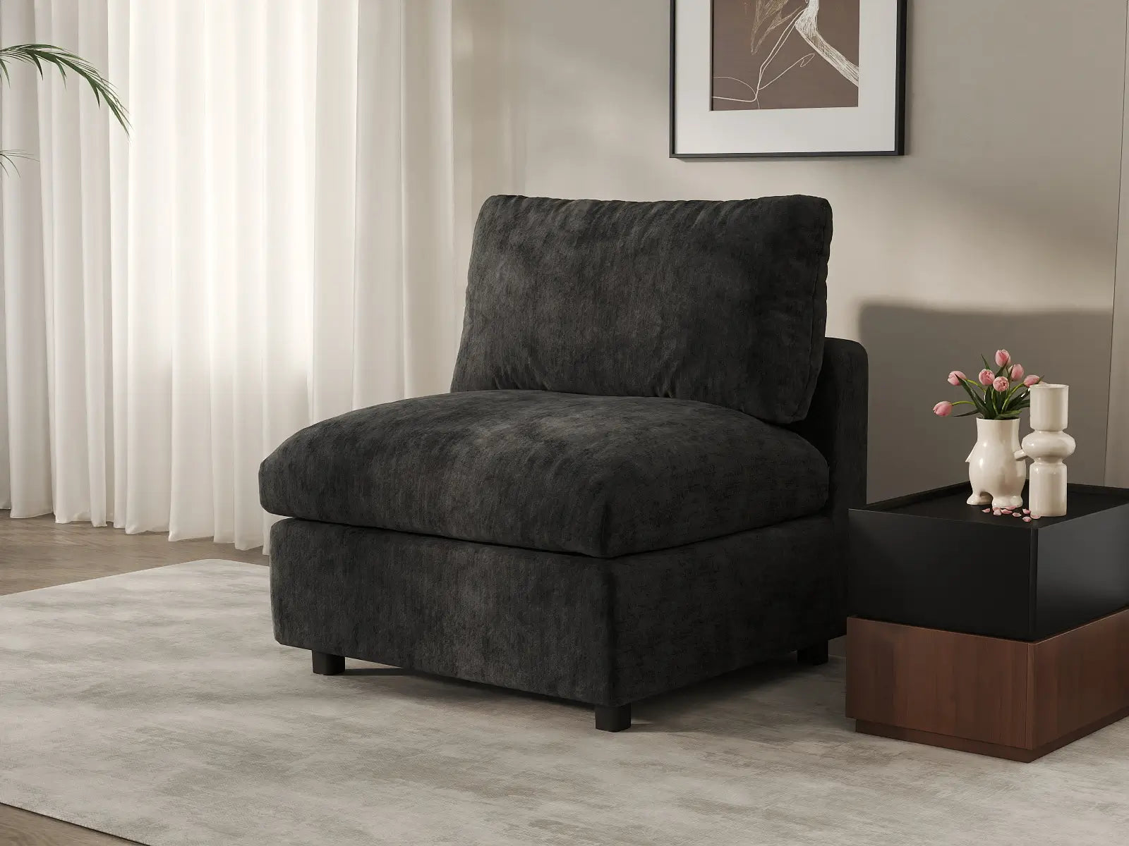 Sofá individual de una plaza Deluxe Cloud negro | 1 pieza, tela de chenilla mezcla de lino, acento para sala de estar, fundas de cojín lavables