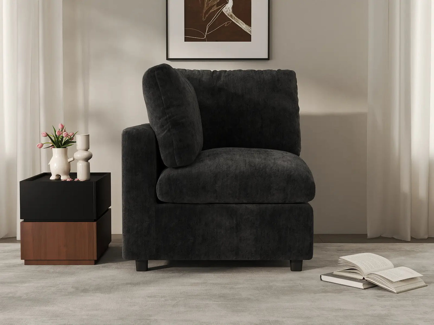 Sofá individual de 1 plaza Deluxe Cloud negro | 1 pieza, tela de chenilla mezcla de lino, asiento decorativo para sala de estar, fundas de cojín lavables