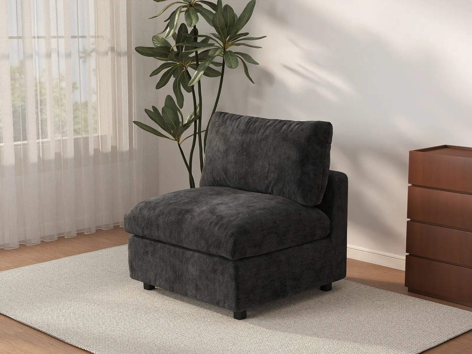 Sofá individual de una plaza Deluxe Cloud negro | 1 pieza, tela de chenilla mezcla de lino, acento para sala de estar, fundas de cojín lavables