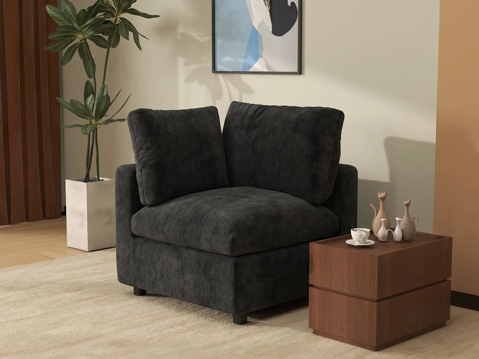 Sofá individual de 1 plaza Deluxe Cloud negro | 1 pieza, tela de chenilla mezcla de lino, asiento decorativo para sala de estar, fundas de cojín lavables