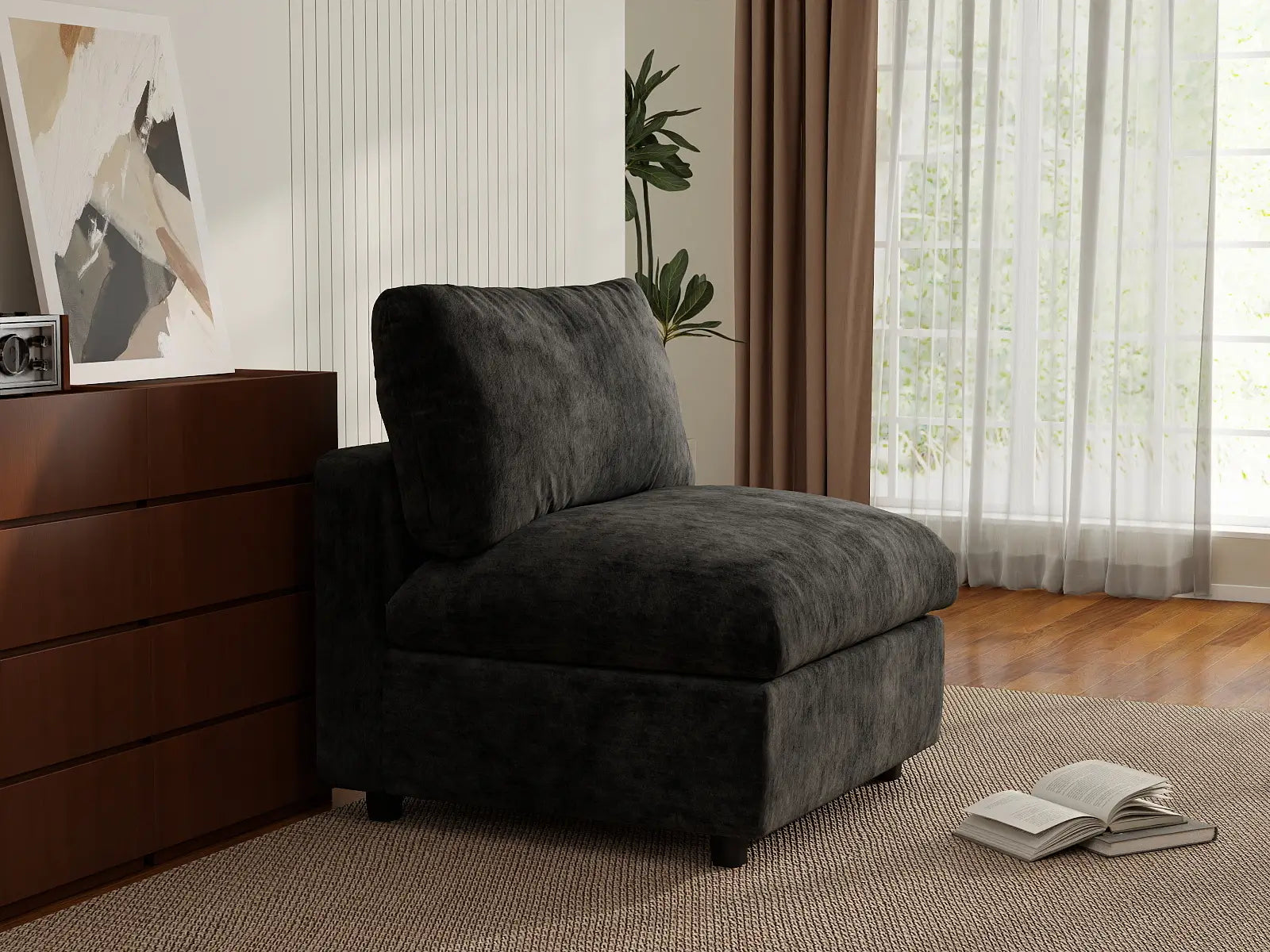 Sofá individual de una plaza Deluxe Cloud negro | 1 pieza, tela de chenilla mezcla de lino, acento para sala de estar, fundas de cojín lavables