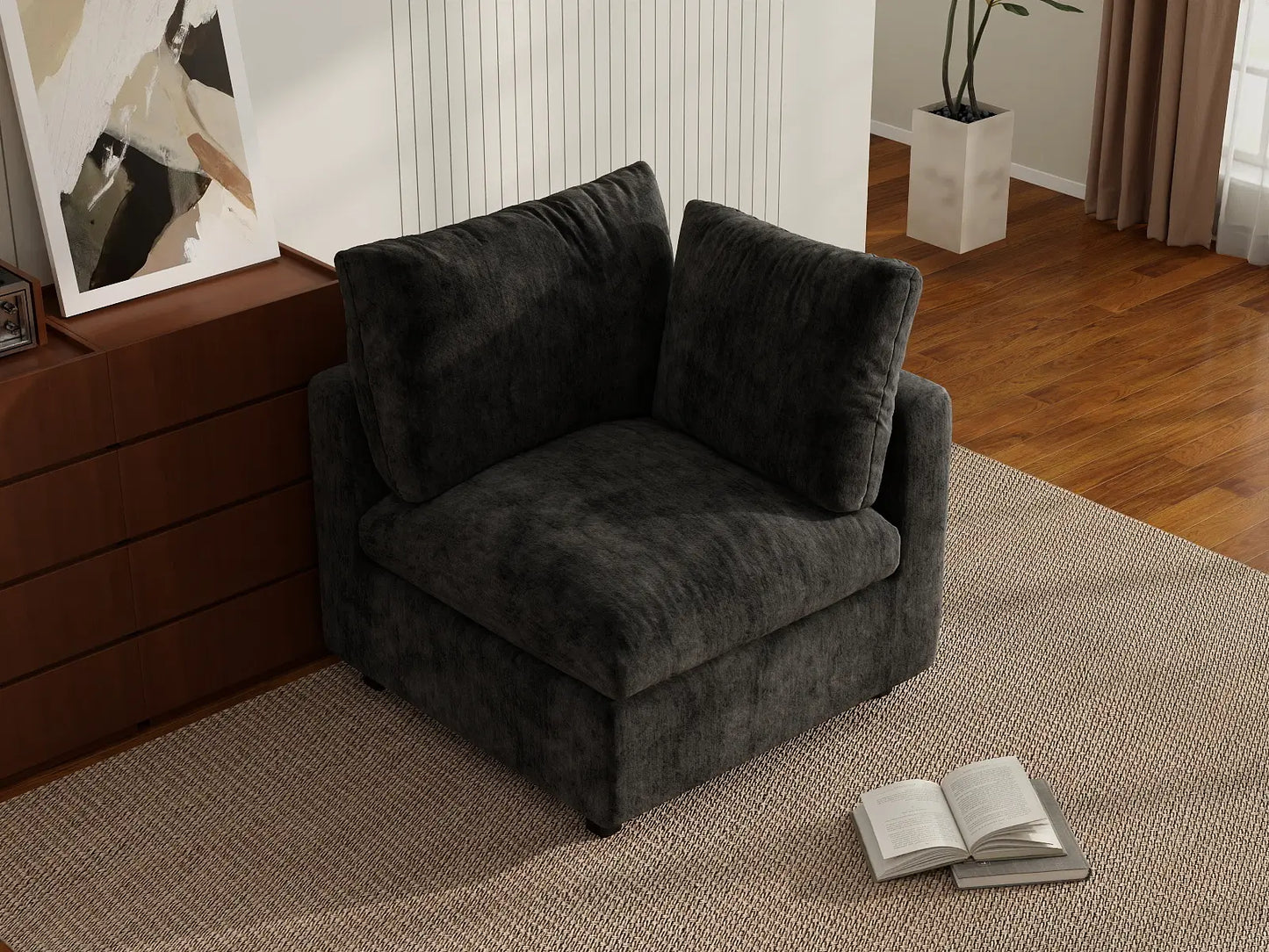 Sofá individual de 1 plaza Deluxe Cloud negro | 1 pieza, tela de chenilla mezcla de lino, asiento decorativo para sala de estar, fundas de cojín lavables