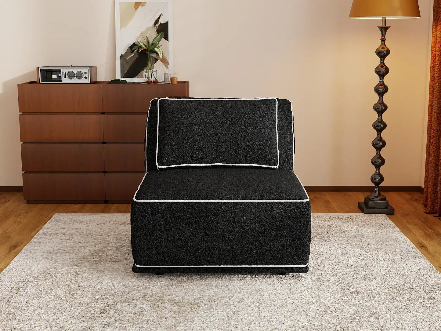 Deluxe Cloud 1-Seater Black Small Space Single Sofa | 1-Piece, Bouclé Sherpa-Like Fabric, Easy To Clean