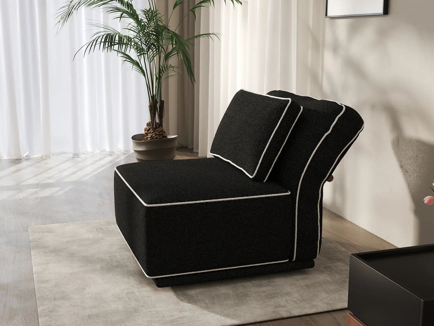 Deluxe Cloud 1-Seater Black Small Space Single Sofa | 1-Piece, Bouclé Sherpa-Like Fabric, Easy To Clean